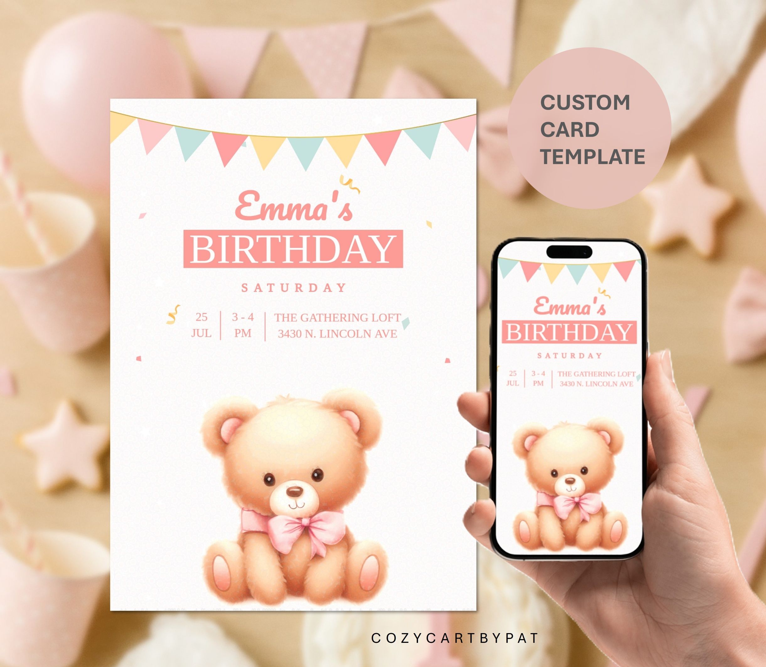 Birthday invitation card and smartphone screen displaying matching digital invitation for Emma's birthday. Design features pastel-colored bunting, pink text, event details, and a cute teddy bear with a pink bow, emphasizing a soft, playful theme.