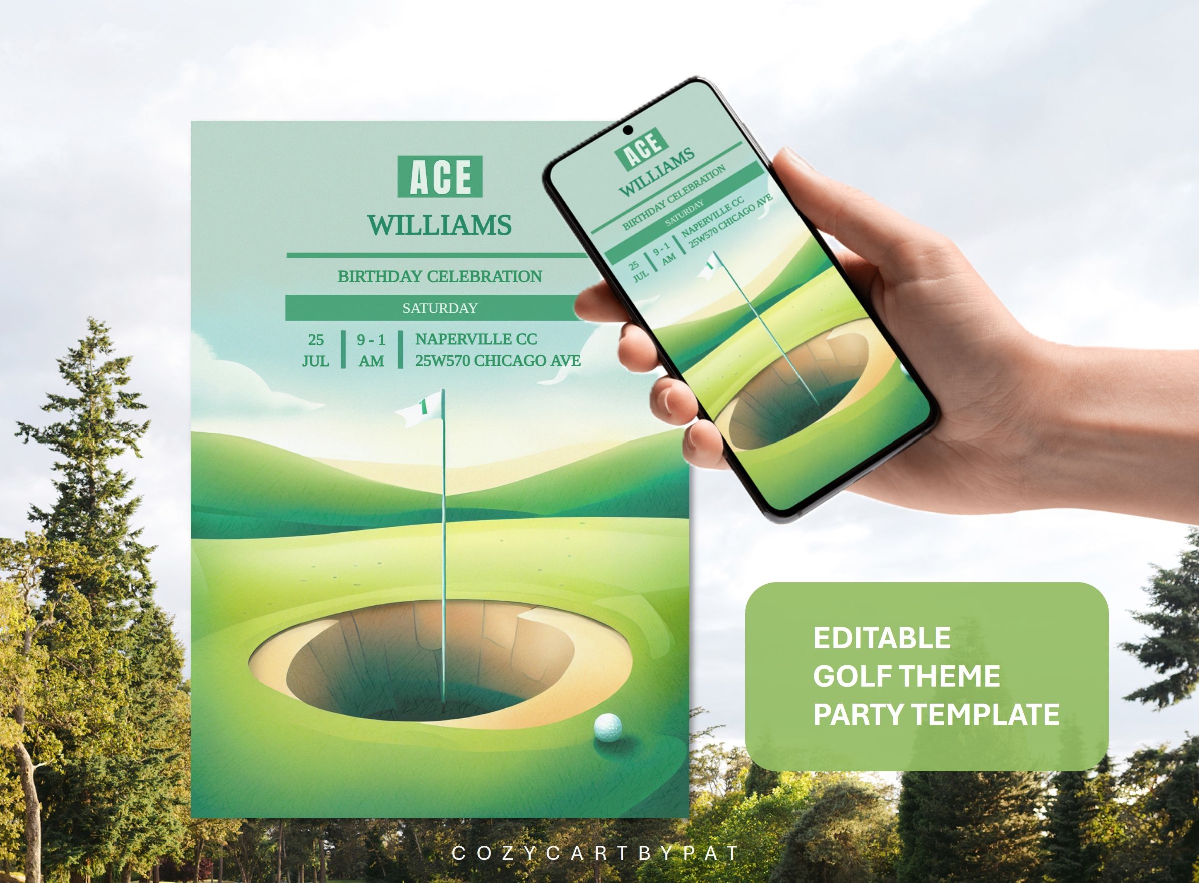 Photograph of a golf-themed birthday party invitation displayed on a smartphone and printed card, featuring a golf hole with a flag and ball on a green landscape background. Invitation details include "Ace" with name "Williams," the event date and location, with a green color scheme and modern typography.