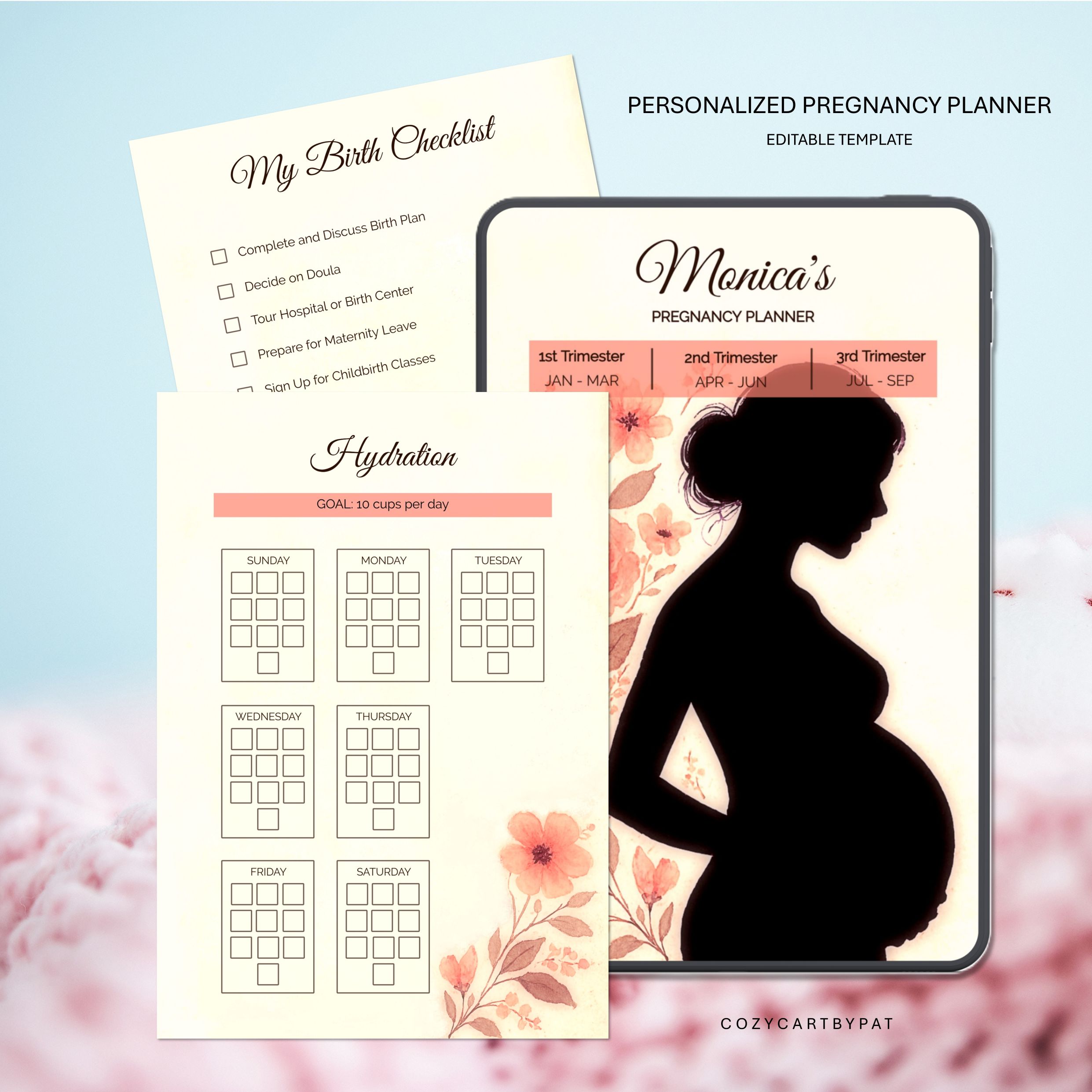 A digital planner layout featuring a personalized pregnancy planner and birth checklist designed to track pregnancy milestones and hydration goals. The planner includes trimester labels in pink, a silhouette of a pregnant woman, a hydration tracker with daily water intake goals, and a checklist for birth preparation tasks.